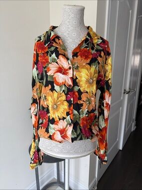 Zara Black Floral Button-Down Shirt with Orange & Yellow Blooms